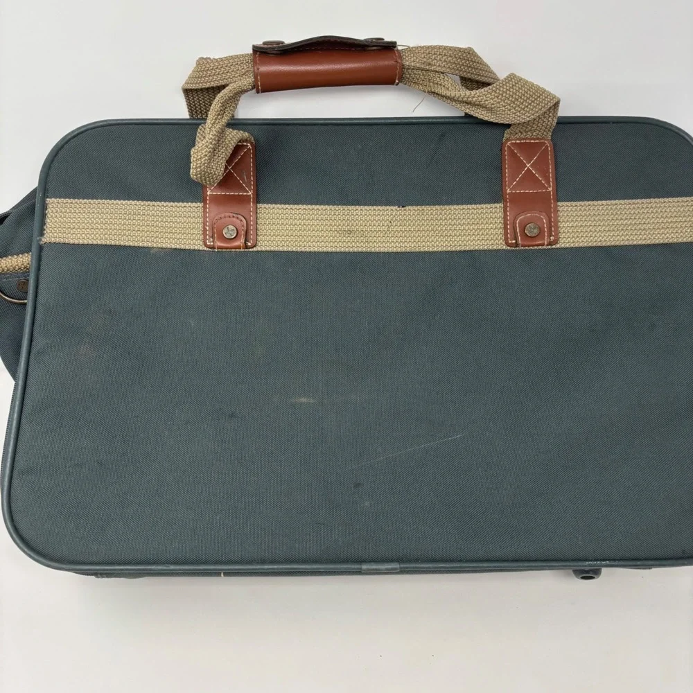 Lira by Ascot Vintage Canvas‎ Briefcase Laptop Bag Green Brown Trim Carry On 20